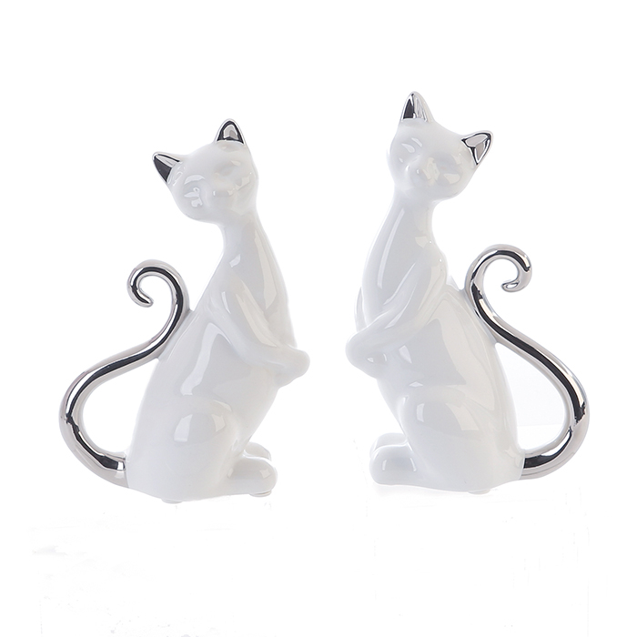 Set 2 figurine pisica Milly, ceramica, alb argintiu, 10x17 cm