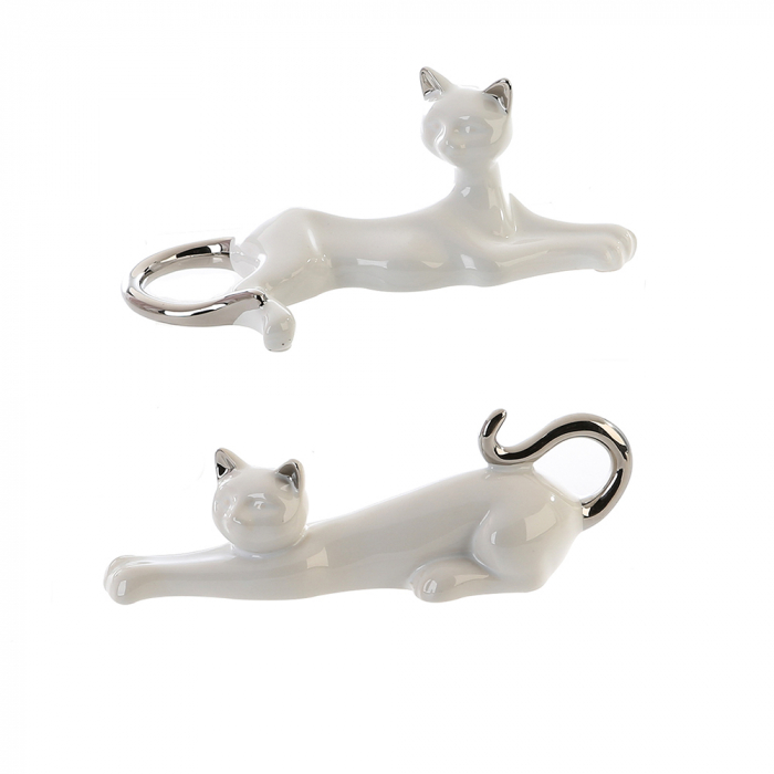 Set 2 figurine pisica Milly, ceramica, alb argintiu, 20.5x8 cm