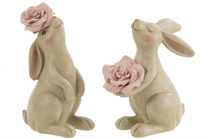 Set 2 figurine Rabbit With Rose, Rasina, Bej Roz, 9.5x12.5x21 cm