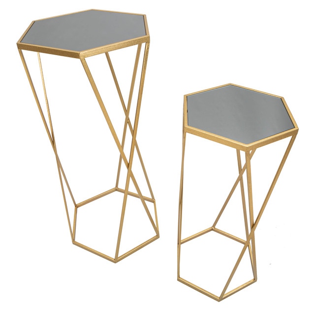 Set 2 masute Esagonal, Fier/MDF/Oglinda, Auriu, 100/80x50/40x50/40 cm [3]