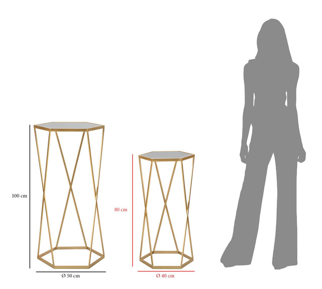 Set 2 masute Esagonal, Fier/MDF/Oglinda, Auriu, 100/80x50/40x50/40 cm [7]