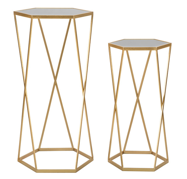 Set 2 masute Esagonal, Fier/MDF/Oglinda, Auriu, 100/80x50/40x50/40 cm [2]