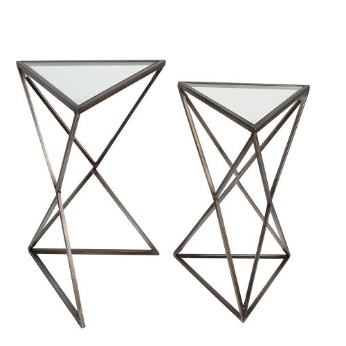 Set 2 masute Triangle, metal sticla, negru gri