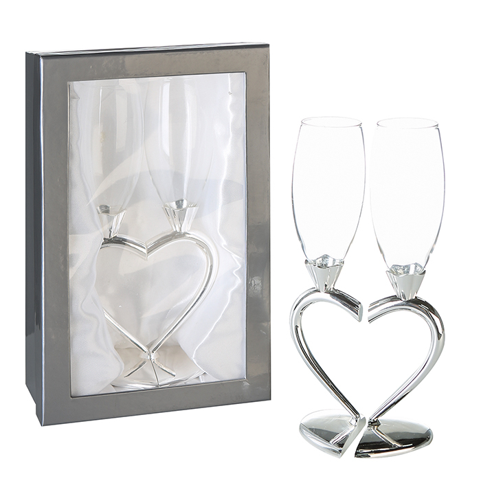 Set 2 pahare sampanie Love, metal sticla, argintiu, 5x26 cm
