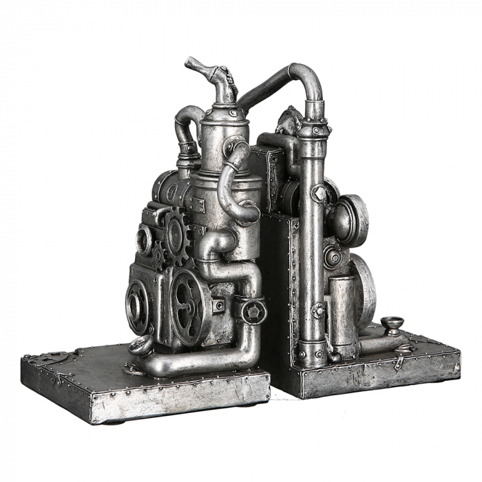Set 2 suporturi carti Steampunk Machine,rasina, argintiu, 19x14x7 cm