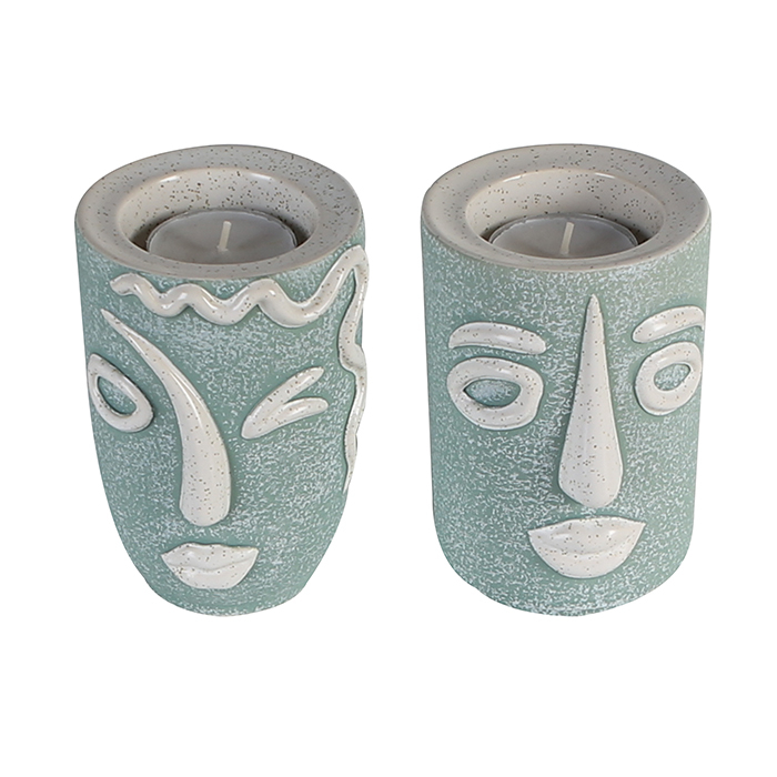 Set 2 suporturi lumanare Faces, ceramica, verde, 11x7.5 cm