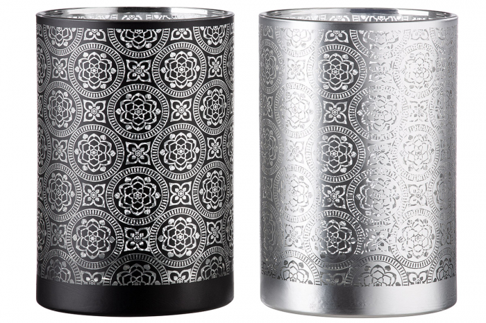 Set 2 suporturi lumanare Marrakesch, Sticla, Negru Argintiu, 18x12 cm