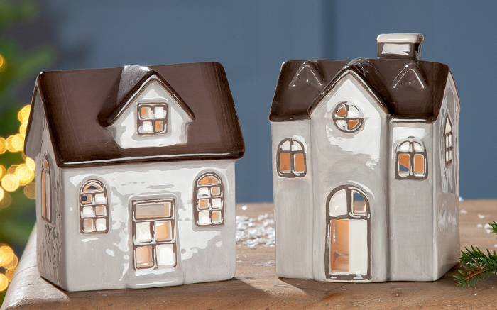 Set 2 suporturi lumanare pastila X mas HOUSE, ceramica, 7x7x7 cm