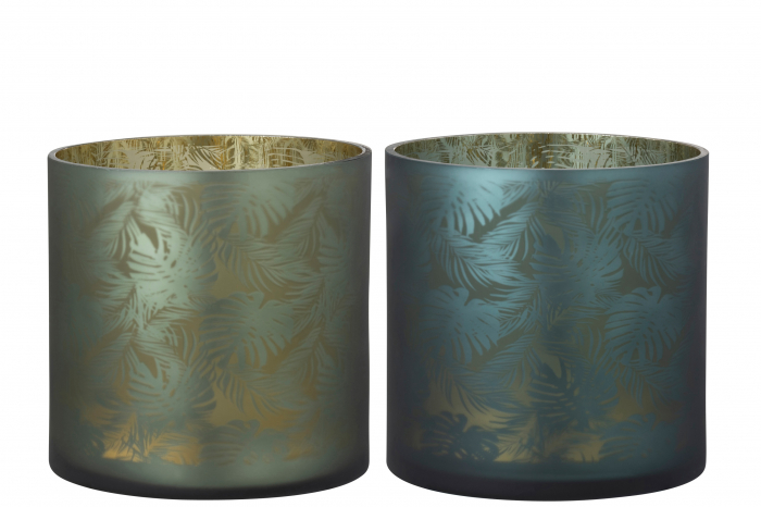 Set 2 suporturi lumanare Tropical, Sticla, Verde Auriu, 20x20x20 cm