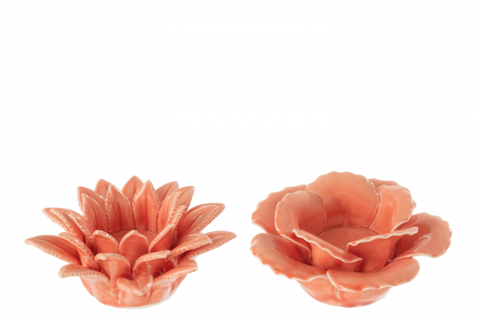 Set 2 suporturi lumanari Flower, Ceramica, Portocaliu, 10x10x5.5 cm