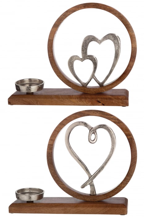 Set 2 suporturi lumanari Hearts, aluminiu lemn, argintiu maro, 36x26x8 cm
