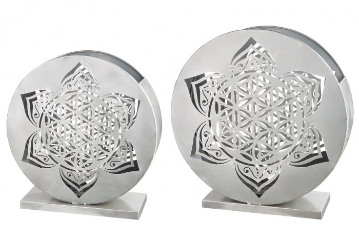 Set 2 suporturi lumanari Mandala, Metal, Argintiu, 13 cm