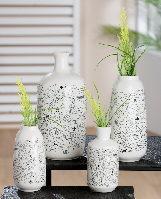Set 2 vaze Modern Art, portelan, alb, 15x7.5 cm