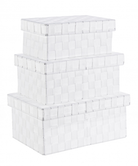 Set 3 cutii cu capac, Otel Nylon, Alb, 27.5 17.5 12x31.5 21.5 14x35.5 24 16 cm
