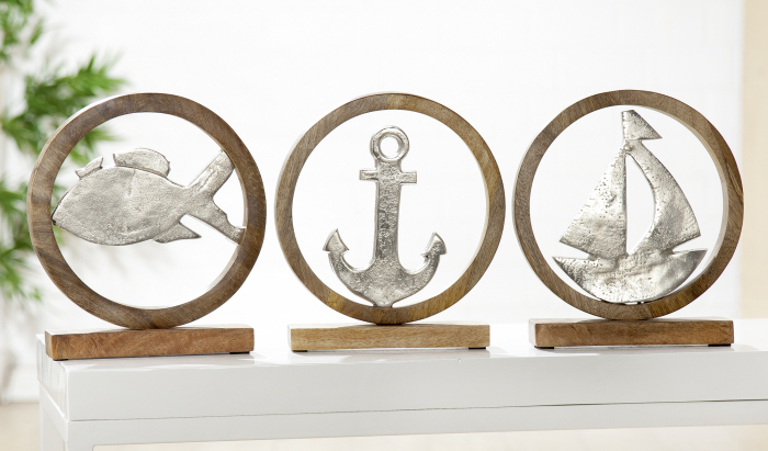 Set 3 decoratiuni Anchor Boat Fish, lemn, maro argintiu, 20.5x26x5 cm