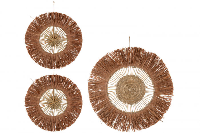 Set 3 decoratiuni de perete Round, Raffia, Maro, 62x62x1 cm