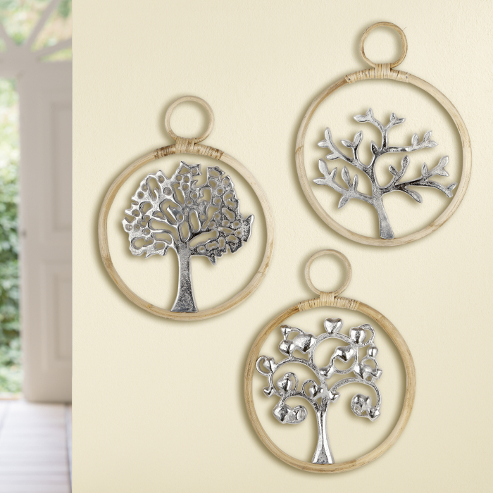 Set 3 decoratiuni de perete Tree, aluminiu lemn, argintiu maro, 28x28 cm
