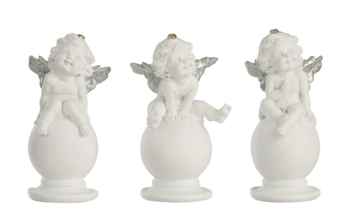Set 3 figurine Angel on Ball, Rasina, Alb Argintiu, 7×6.5×14 cm Jolipa