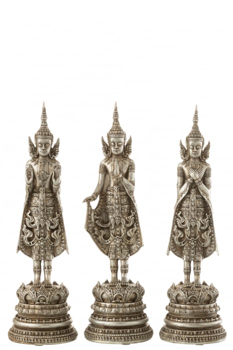 Set 3 figurine Buddah Standing, Rasina, Argintiu, 12.5x12.5x43 cm