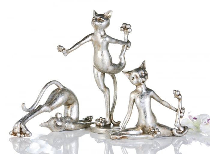Set 3 figurine Cat Aerobic, rasina, argintiu, 26x38x12 cm