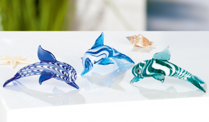 Set 3 figurine Dolphin Flipper, sticla, albastru, 7x3.9x3.6 cm