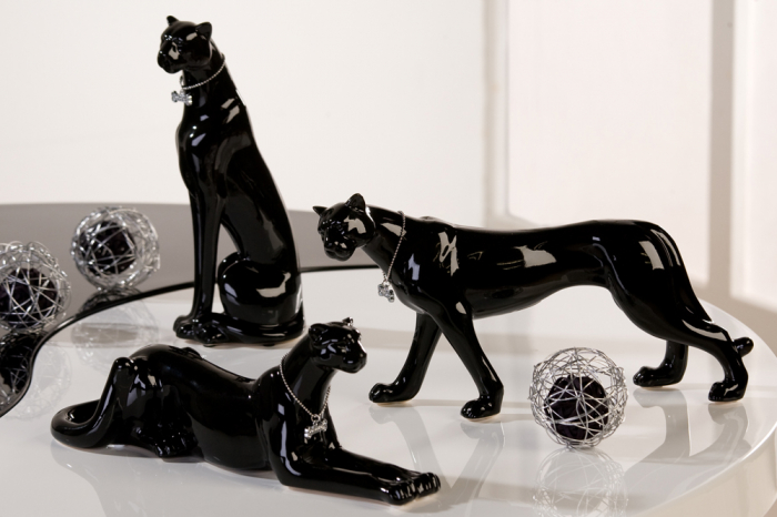 Set 3 figurine leopard, portelan, negru, 28x21x7 cm