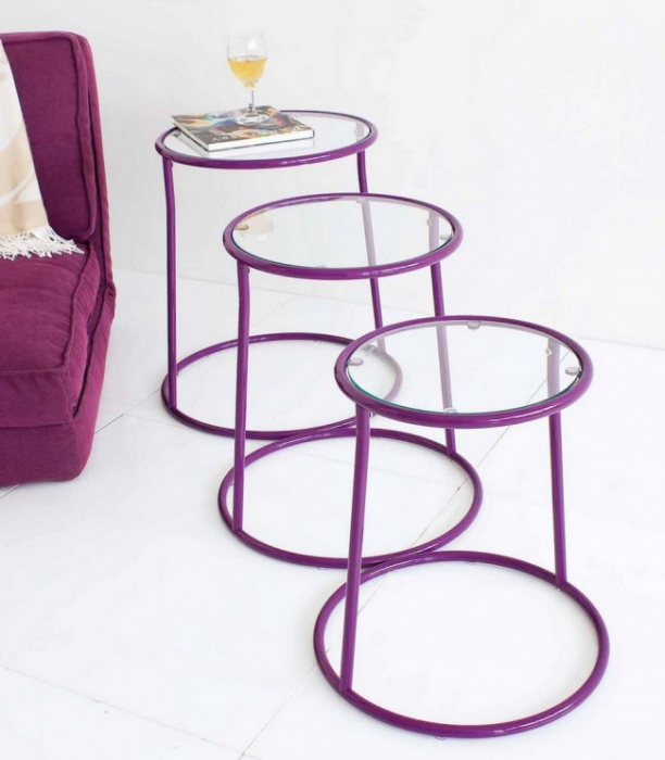 Set 3 masute de cafea Magia,rotunde, Metal/Sticla, Violet, x48/44/41x52/48/42.5 cm [2]
