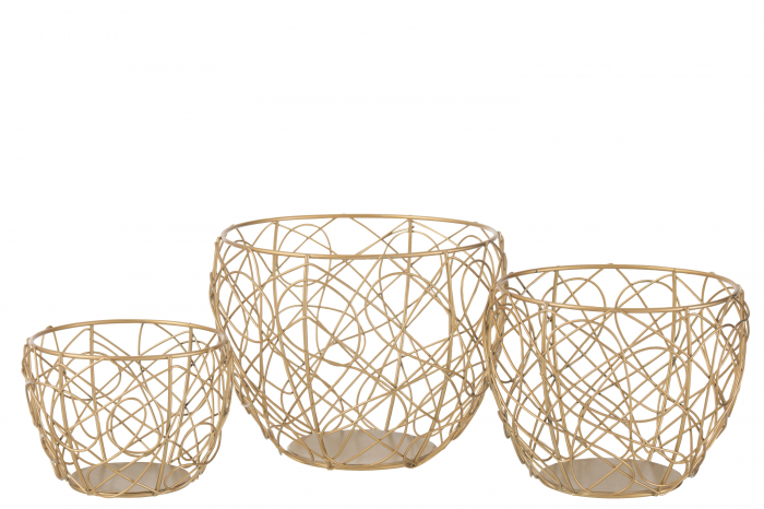 Set 3 suporturi lumanare Baskets, Metal Fier, Auriu, 22.5x22.5x16 cm