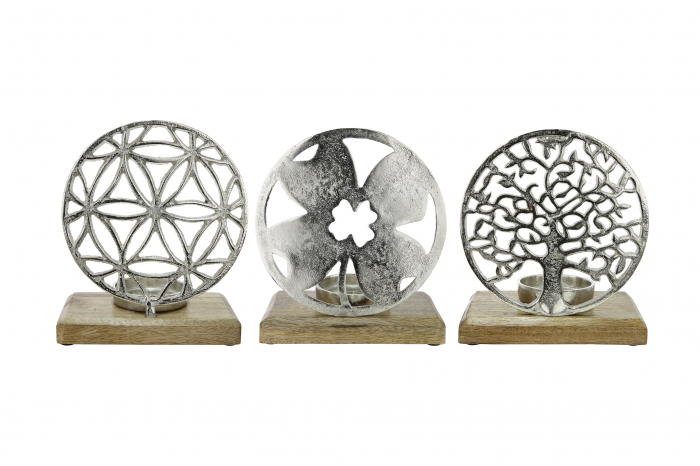 Set 3 suporturi lumanari Tree, Flower, Clov, aluminiu/lemn, argintiu/maro, 17.5x20.5x10 cm [2]
