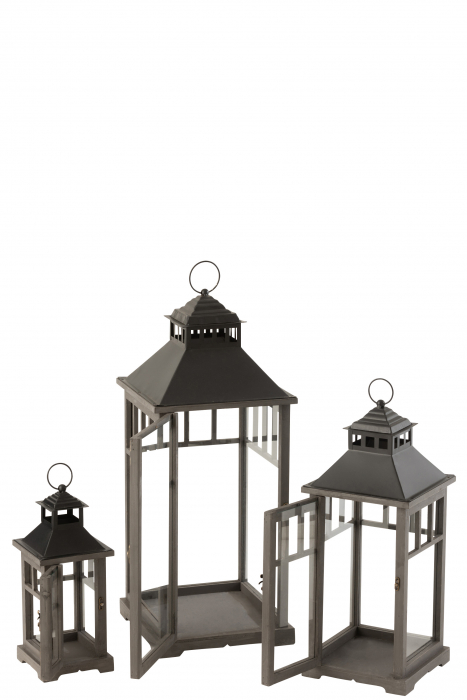 Set 3 felinare Jolipa, Lemn, Negru, 30.5x30.5x85 cm [2]