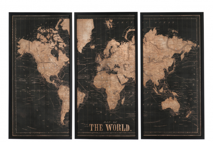 Set 3 tablouri inramate Map World, Lemn, Maro Negru, 181.5x3.5x120.2 cm
