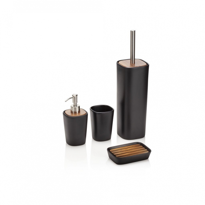 Set 4 accesorii baie, Ceramica Lemn Metal, Negru, 10x10x38 cm