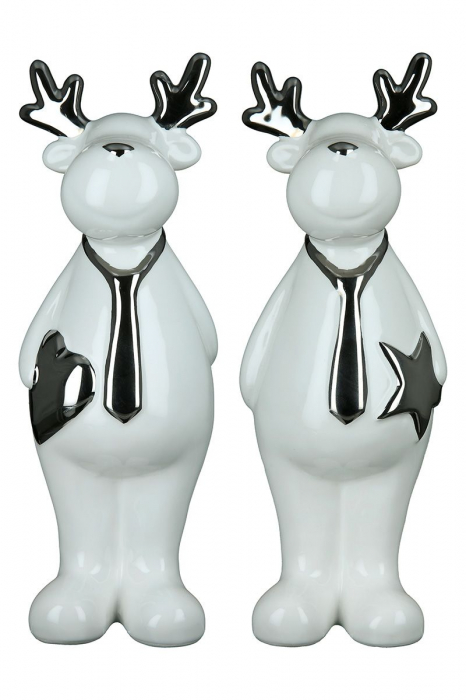 Set 2 decoratiuni Raindeer Rasmus, Ceramica, Alb Argintiu, 3x3.2x10 cm