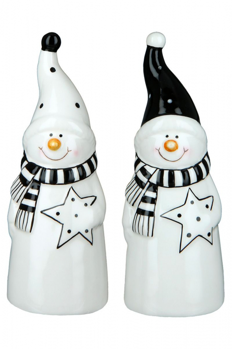 Set 2 decoratiuni Snowman Pelle, Ceramica, Alb Negru, 5x5x13 cm GILDE