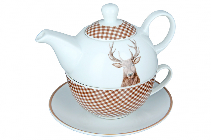 Set ceainic cu capac si farfurie Deer bust, Portelan, Alb Maro, 15 cm