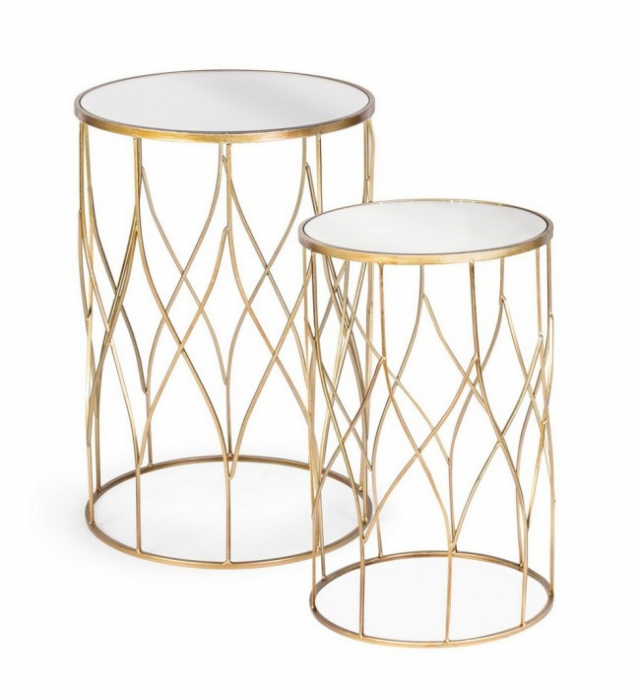 Set de 2 masute de cafea Elenor, Metal/Sticla, Oglinda/Auriu, 33/38x51/56 cm [3]