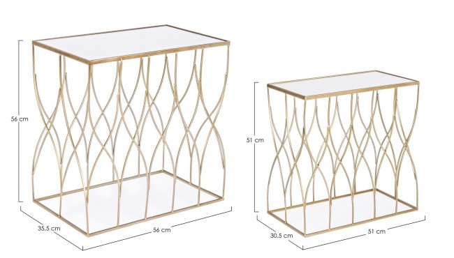 Set de 2 masute de cafea Elenor, Metal/Sticla, Oglinda/Auriu, 51/56x30.5/35.5x51/56 cm [2]