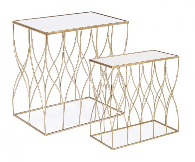 Set de 2 masute de cafea Elenor, Metal/Sticla, Oglinda/Auriu, 51/56x30.5/35.5x51/56 cm [3]