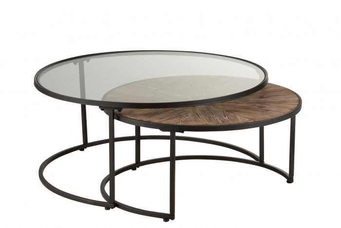 Set 2 masute Round, Metal/Sticla/Lemn, Negru/Maro, 91x91x41 cm [3]
