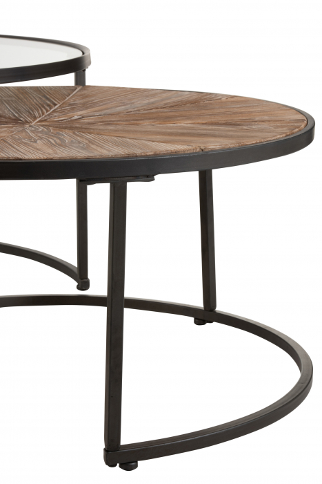 Set 2 masute Round, Metal/Sticla/Lemn, Negru/Maro, 91x91x41 cm [6]