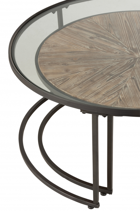 Set 2 masute Round, Metal/Sticla/Lemn, Negru/Maro, 91x91x41 cm [7]