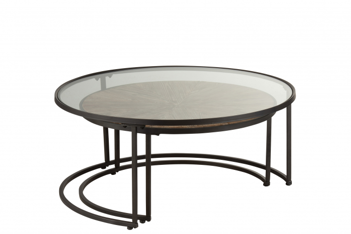 Set 2 masute Round, Metal/Sticla/Lemn, Negru/Maro, 91x91x41 cm [4]