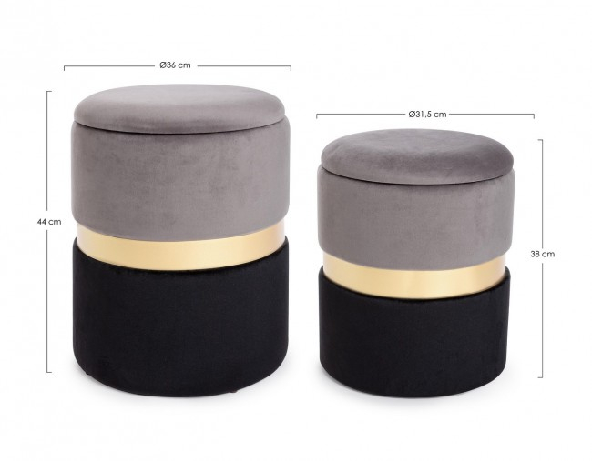 Set de 2 pufuri Polina cu spatiu de depozitare, Otel/Catifea, Gri/Negru, x31.5/38x38/45 cm [2]