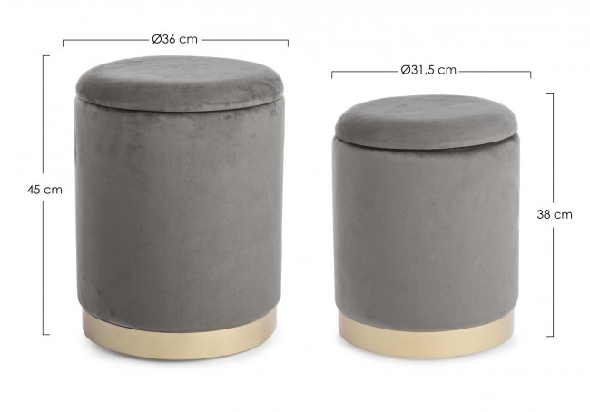 Set de 2 pufuri Polina cu spatiu de depozitare, Otel/Catifea, Gri, x31.5/36x38/45 cm [2]