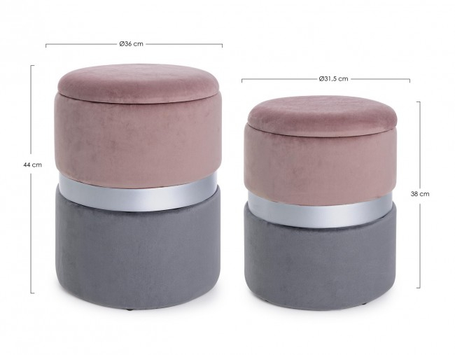Set de 2 pufuri Polina cu spatiu de depozitare, Otel/Catifea, Roz/Gri, x31.5/38x38/45 cm [2]