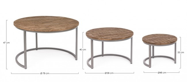 Set de 3 masute de cafea rotunde Narvik, Otel/Lemn de mango, Maro, 43/58/78x33/40/47 cm  [2]