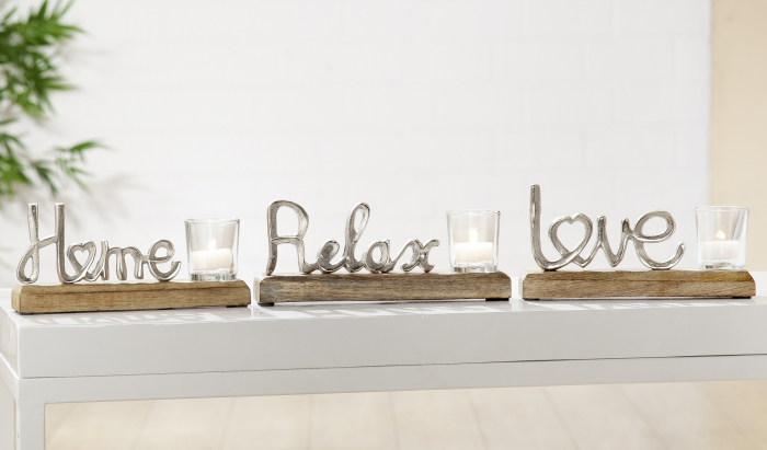 Set 3 suporturi lumanari Home, Relax, Love, aluminiu lemn, argintiu maro, 22.5x12x5 cm