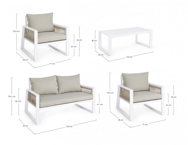 Set masa, canapea si 2 fotolii Captiva, Aluminiu, Alb, 71/130/110x78/78/60x74.5/74.5/40 cm  [3]