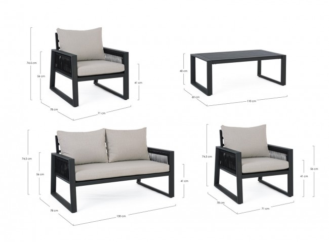 Set masa, canapea si 2 fotolii Captiva, Aluminiu, Negru, 71/130/110x78/78/60x74.5/74.5/40 cm  [3]