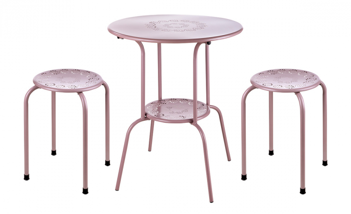 Set masuta si 2 scaune Florale, metal, roz, 68x55 cm